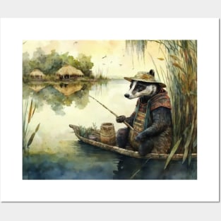 Funny Badger Fishing On A Lake Posters and Art